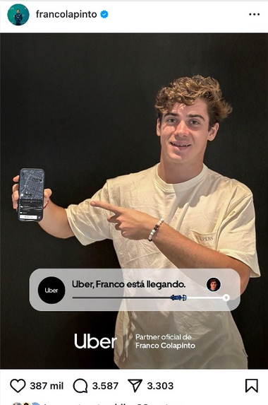 Posteo de Franco Colapinto en Instagram con la activación de Uber